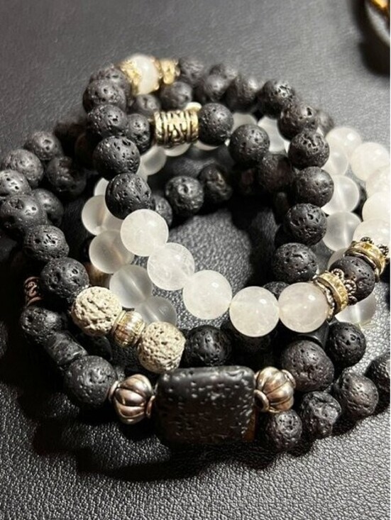 Jewelry - B6464 5pc stack Lava Stone & Frosted Quartz Beaded Stretch Bracelet Set